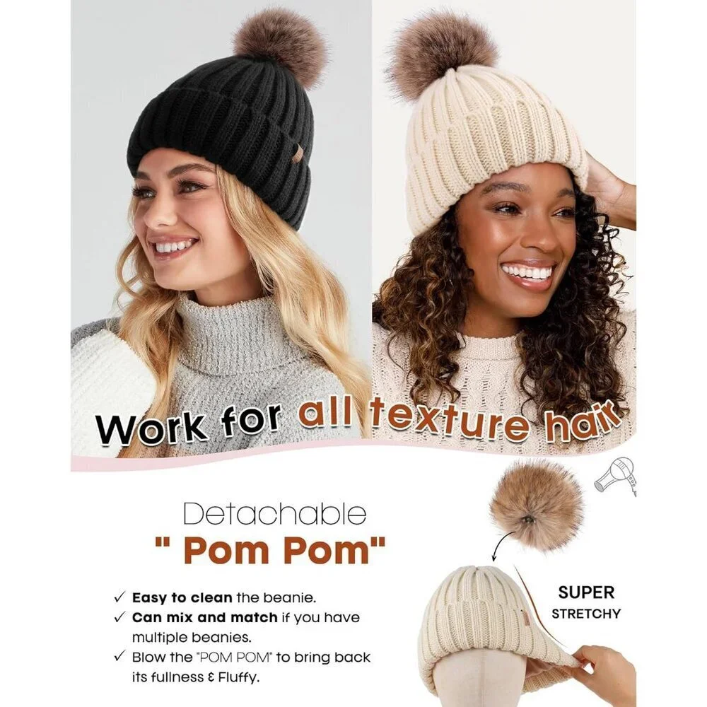 Women's Beige Winter Beanie Hat Satin Lined Faux Fur Pom Pom Beanies Hat